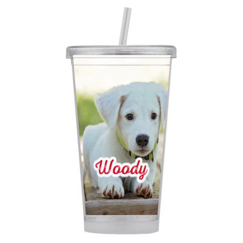 Personalized tumbler personalized with photo and the saying "Woody"