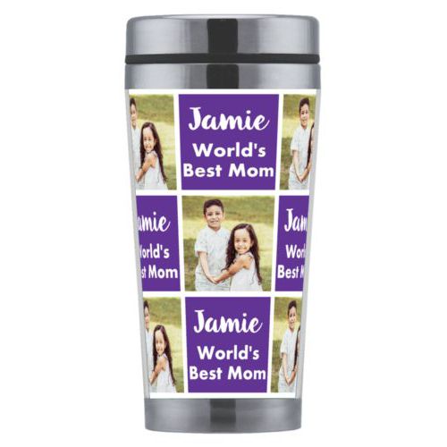 Personalized coffee mug personalized with a photo and the saying "Jamie World's Best Mom" in purple and white