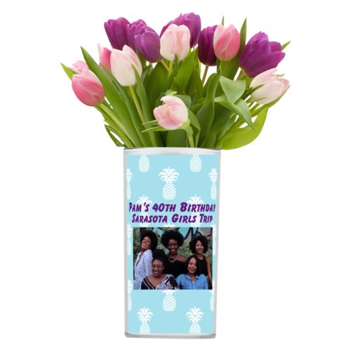 Personalized vase personalized with welcome pattern and photo and the saying "Pam's 40th Birthday Sarasota Girls Trip"