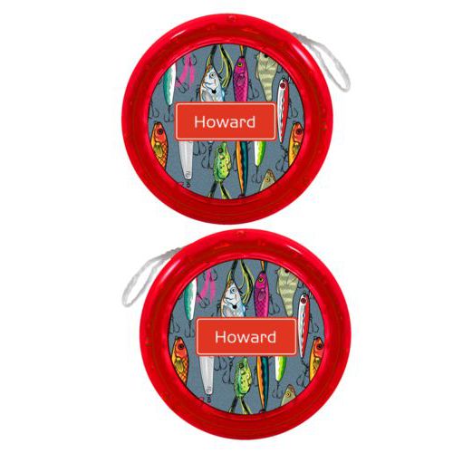 Personalized yoyo personalized with fishing lures pattern and name in strong red