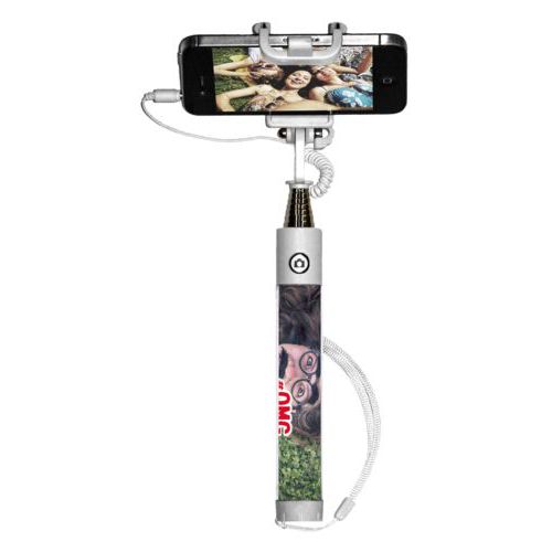 Personalized selfie stick personalized with photo and the saying "#omg"