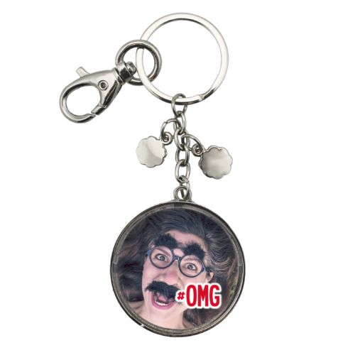 Personalized metal keychain personalized with photo and the saying "#omg"