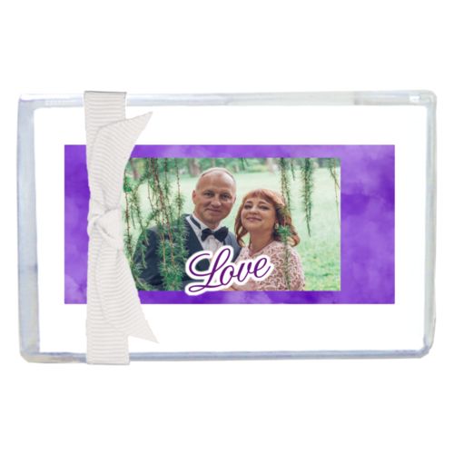 Personalized enclosure cards personalized with purple cloud pattern and photo and the saying "love"