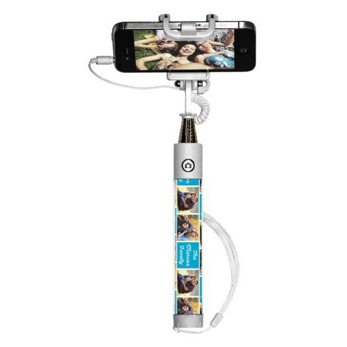 Personalized selfie stick personalized with photos and the saying "The Marcos Family" in juicy blue and white