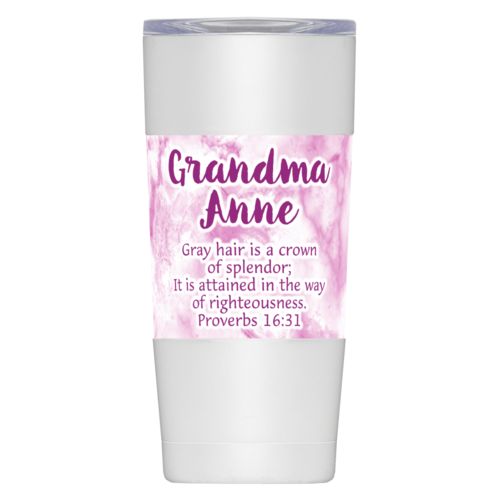 Personalized insulated steel mug personalized with pink marble pattern and the saying "Grandma Anne Gray hair is a crown of splendor; It is attained in the way of righteousness. Proverbs 16:31"