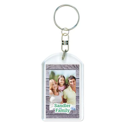 Personalized keychain personalized with grey wood pattern and photo and the saying "Sandler Family"