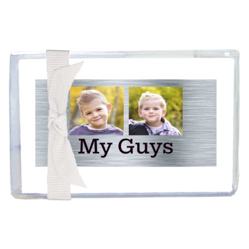 Personalized enclosure cards personalized with steel industrial pattern and photo and the saying "My Guys"
