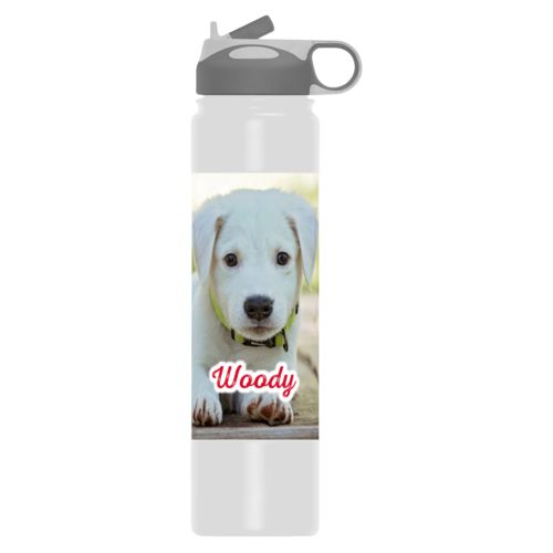 Custom water bottle personalized with photo and the saying "Woody"