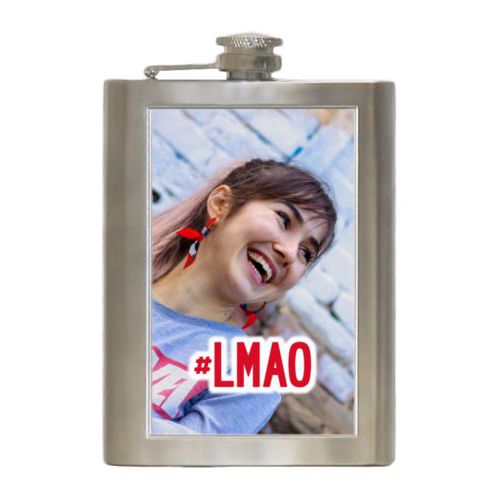 Personalized 8oz flask personalized with photo and the saying "#lmao"