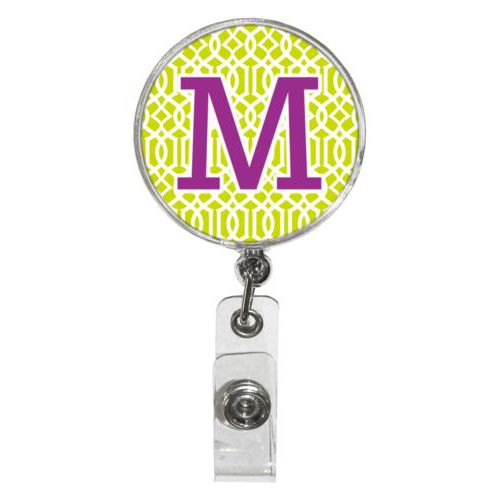 Personalized badge reel personalized with ironwork pattern and the saying "M"