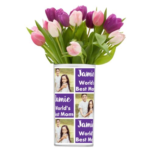 Personalized vase personalized with a photo and the saying "Jamie World's Best Mom" in purple and white