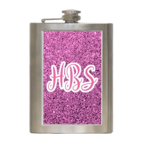 Personalized 8oz flask personalized with light pink glitter pattern and the saying "HBS"