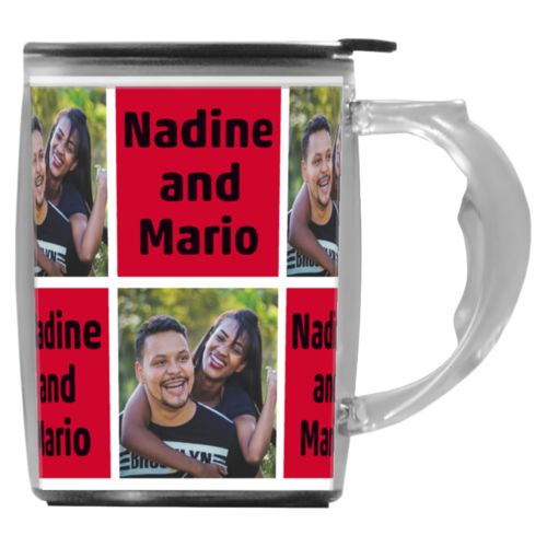 Custom mug with handle personalized with a photo and the saying "Nadine and Mario" in black and apple red