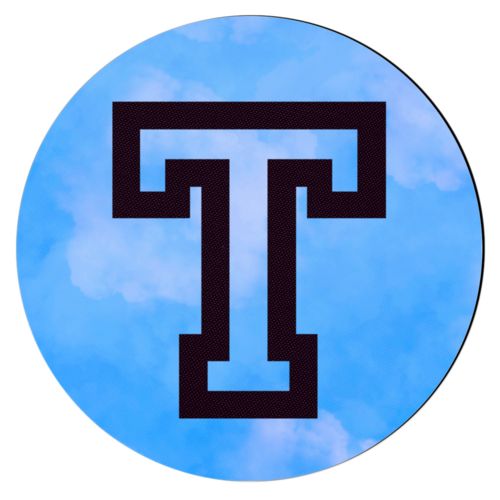 Personalized coaster personalized with light blue cloud pattern and the saying "T"