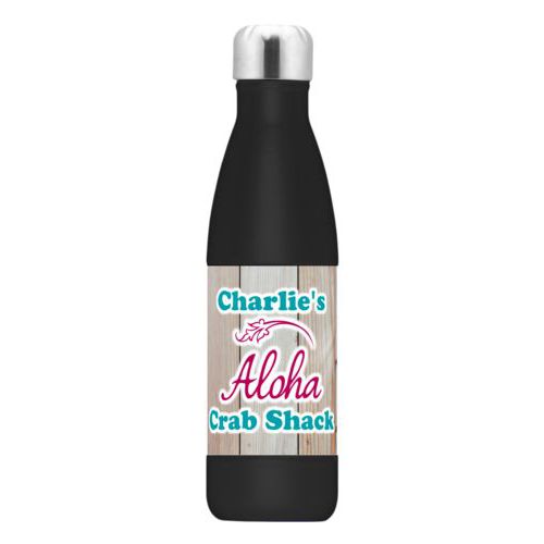 Metal insulated water bottle personalized with light wood pattern and the sayings "Aloha" and "Charlie's Crab Shack"