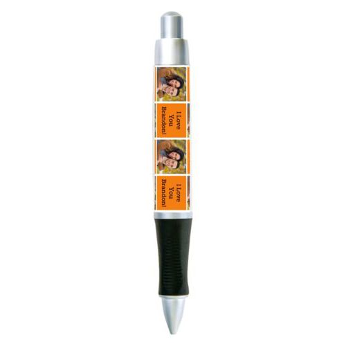 Personalized pen personalized with a photo and the saying "I Love You Brandon!" in black and juicy orange
