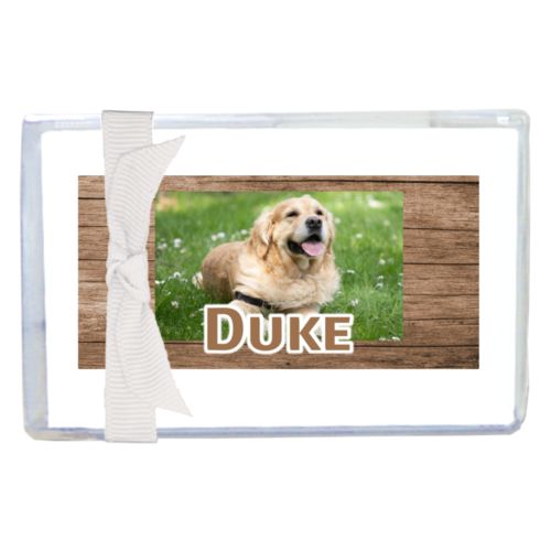 Personalized enclosure cards personalized with brown wood pattern and photo and the saying "Duke"