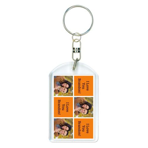 Personalized keychain personalized with a photo and the saying "I Love You Brandon!" in black and juicy orange