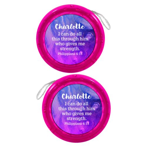 Personalized yoyo personalized with ombre amethyst pattern and the saying "Charlotte I can do all this through him who gives me strength. Philippians 4:13"