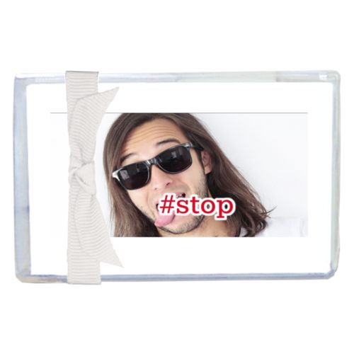 Personalized enclosure cards personalized with photo and the saying "#stop"