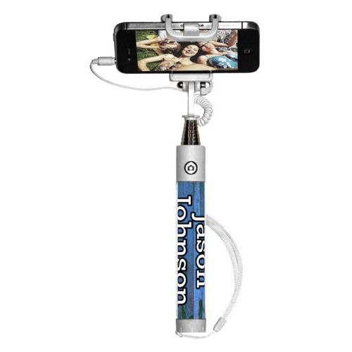 Personalized selfie stick personalized with sky rustic pattern and the saying "Jason Johnson"