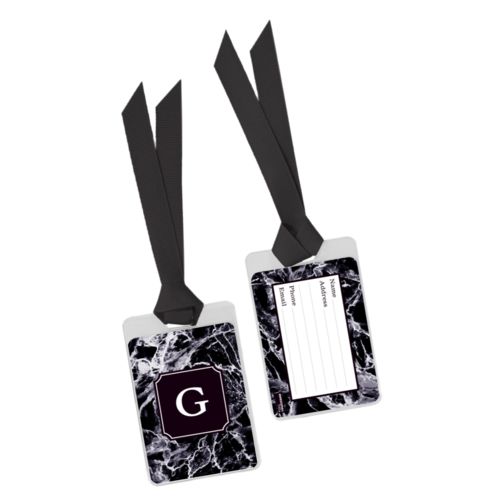 Personalized bag tag personalized with onyx pattern and initial in black licorice