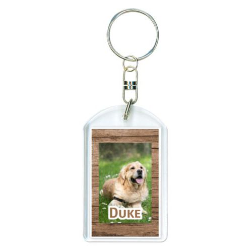 Personalized keychain personalized with brown wood pattern and photo and the saying "Duke"
