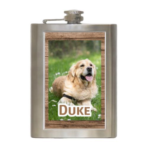 Personalized 8oz flask personalized with brown wood pattern and photo and the saying "Duke"