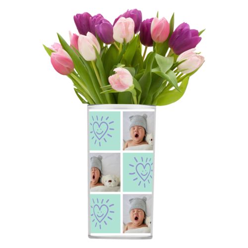Personalized vase personalized with a photo and the saying "Smiling Heart" in easter purple and mint