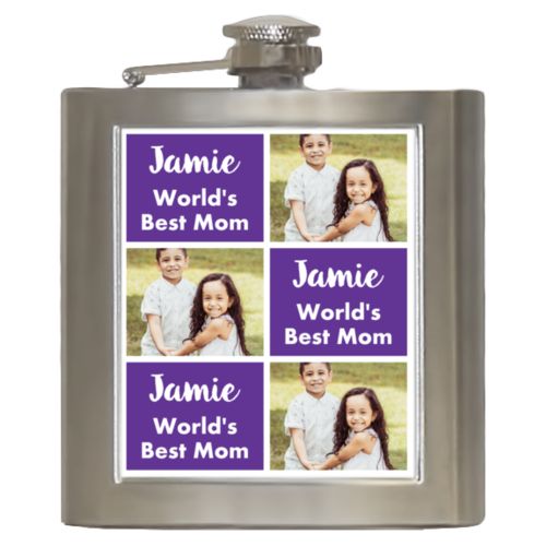 Personalized 6oz flask personalized with a photo and the saying "Jamie World's Best Mom" in purple and white