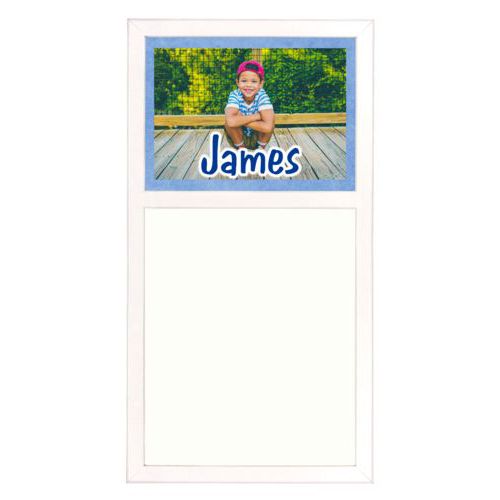 Personalized white board personalized with blue chalk pattern and photo and the saying "James"