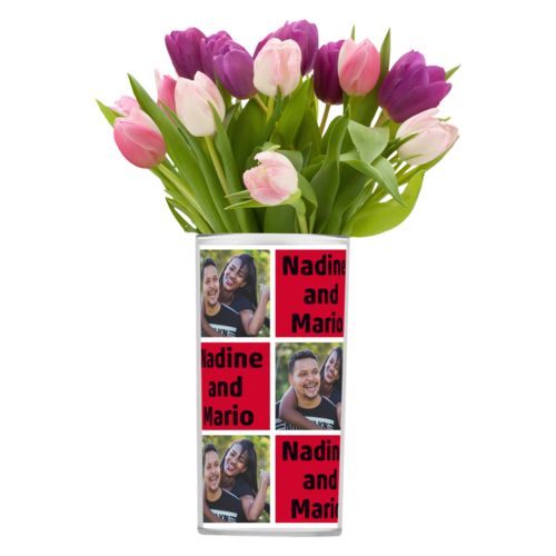 Personalized vase personalized with a photo and the saying "Nadine and Mario" in black and apple red