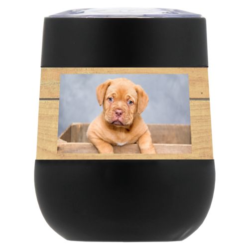 Personalized insulated wine tumbler personalized with natural wood pattern and photo