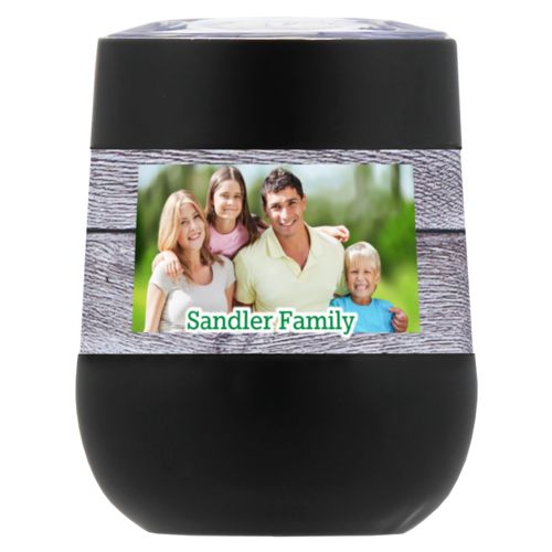Personalized insulated wine tumbler personalized with grey wood pattern and photo and the saying "Sandler Family"