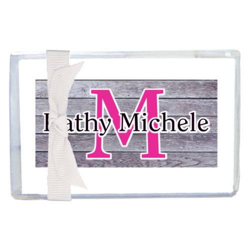 Personalized enclosure cards personalized with grey wood pattern and the sayings "M" and "Kathy Michele"