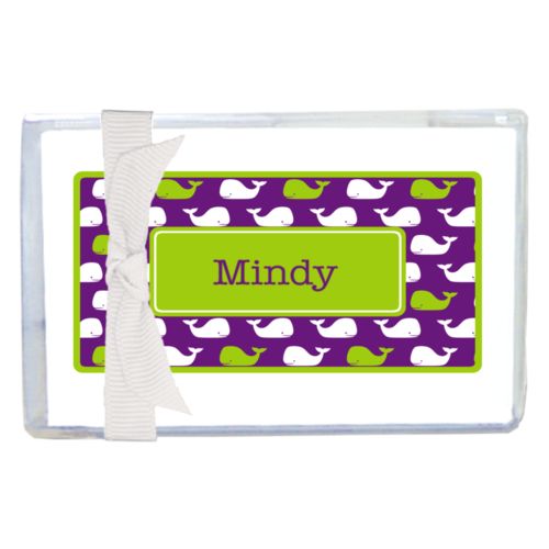 Personalized enclosure cards personalized with whales pattern and name in orchid and juicy green