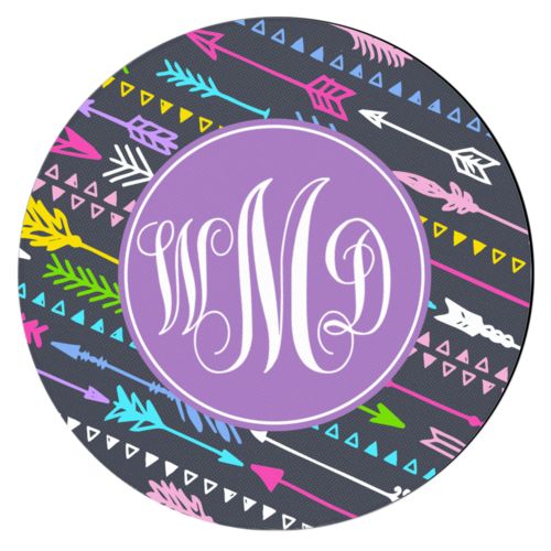 Personalized coaster personalized with arrows pattern and monogram in purple powder