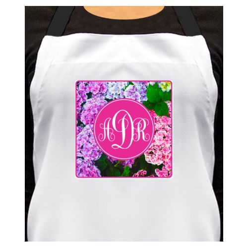 Personalized apron personalized with hydrangea pattern and monogram in pink