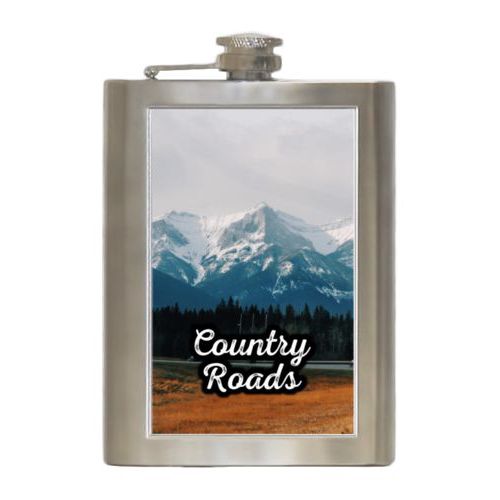 Personalized 8oz flask personalized with photo and the saying "Country Roads"
