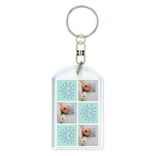 Personalized keychain personalized with a photo and the saying "Smiling Heart" in easter purple and mint