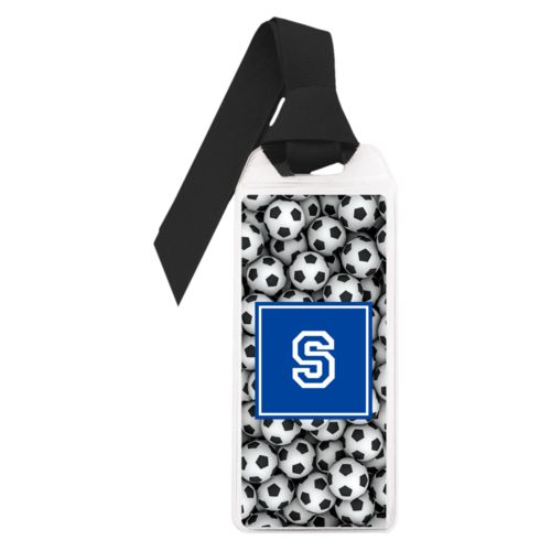 Personalized book mark personalized with soccer balls pattern and initial in royal blue