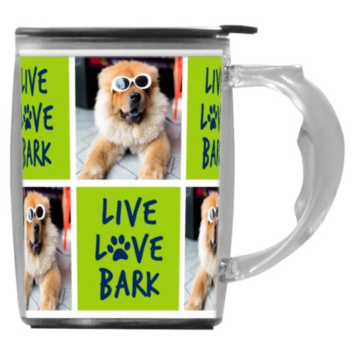 Custom mug with handle personalized with a photo and the saying "Live love bark" in navy blue and juicy green