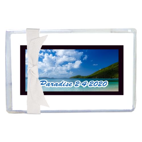 Personalized enclosure cards personalized with photo and the saying "Paradise 2-4-2020"