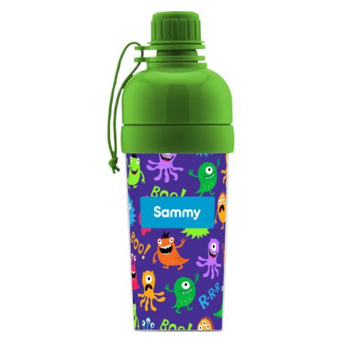 Water bottle for girls personalized with monsters pattern and name in caribbean blue
