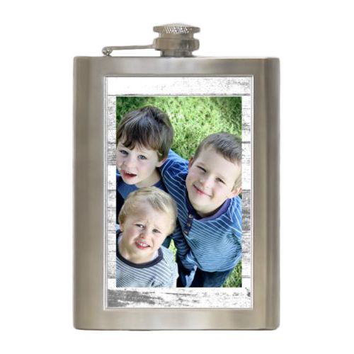 Personalized 8oz flask personalized with white rustic pattern and photo