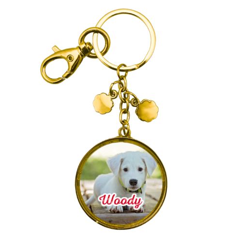 Personalized metal keychain personalized with photo and the saying "Woody"
