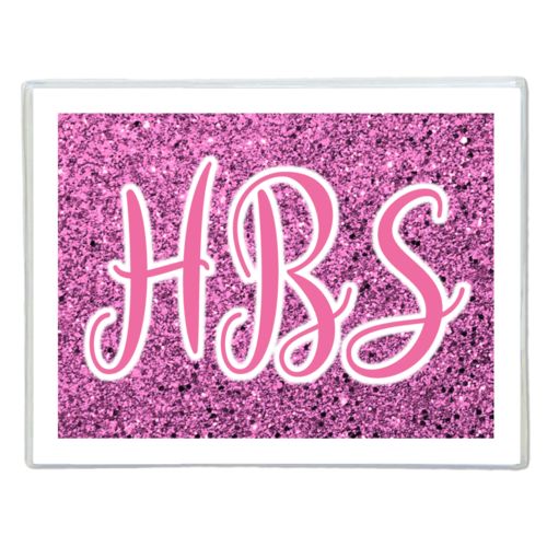 Personalized note cards personalized with light pink glitter pattern and the saying "HBS"
