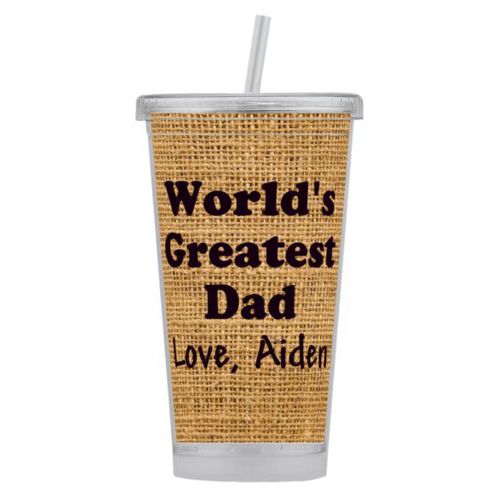 Personalized tumbler personalized with burlap industrial pattern and the saying "World's Greatest Dad Love, Aiden"
