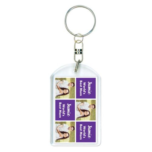 Personalized plastic keychain personalized with a photo and the saying "Jamie World's Best Mom" in purple and white