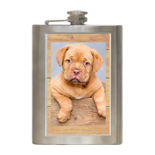 Personalized 8oz flask personalized with natural wood pattern and photo
